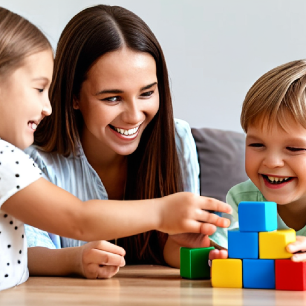 ** A happy family playing a language game with colorful blocks and a smiling child. The focus is on creating a positive and playful learning environment for speech development.

**