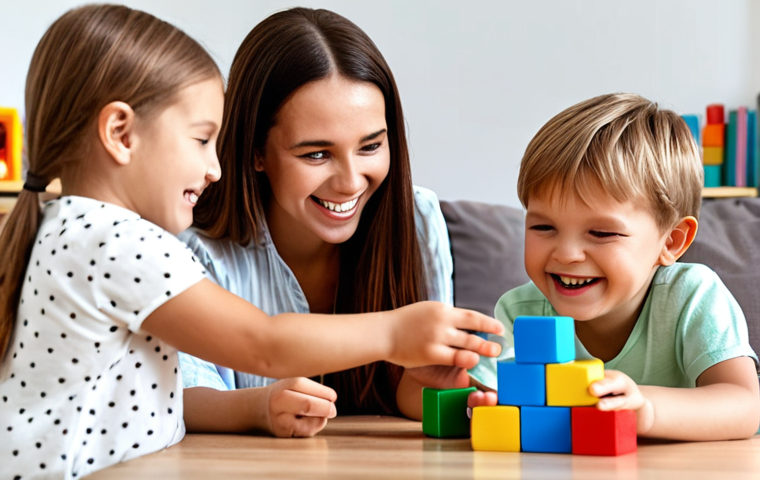 ** A happy family playing a language game with colorful blocks and a smiling child. The focus is on creating a positive and playful learning environment for speech development.

**