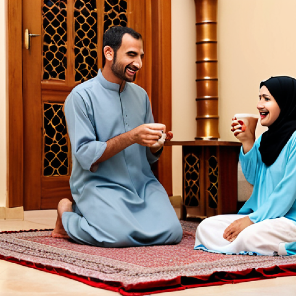 **Image Prompt:** A warm, brightly lit scene in a home. A father is kneeling, listening attentively to his young daughter who is excitedly telling a story. The mother is smiling in the background, preparing Arabic coffee. The overall atmosphere is one of love, respect, and open communication. Focus on the expressions of the family members. Include traditional Arabic elements like cushions, rugs, or decorative lanterns in the background to give an authentic feel to an Arabic home. Keywords: Family, dialogue, active listening, Arabic home, warm, loving, respect, communication.