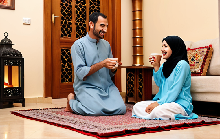 **Image Prompt:** A warm, brightly lit scene in a home. A father is kneeling, listening attentively to his young daughter who is excitedly telling a story. The mother is smiling in the background, preparing Arabic coffee. The overall atmosphere is one of love, respect, and open communication. Focus on the expressions of the family members. Include traditional Arabic elements like cushions, rugs, or decorative lanterns in the background to give an authentic feel to an Arabic home. Keywords: Family, dialogue, active listening, Arabic home, warm, loving, respect, communication.
