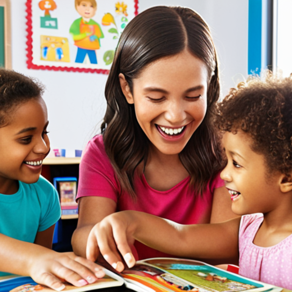 ** A diverse group of children happily learning a language using interactive methods like games, songs, and colorful picture books in a brightly lit, modern classroom.

**