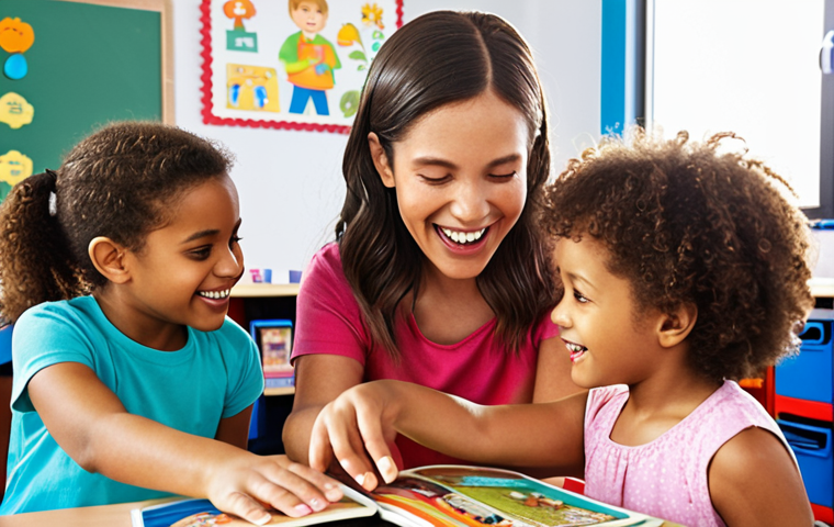 ** A diverse group of children happily learning a language using interactive methods like games, songs, and colorful picture books in a brightly lit, modern classroom.

**