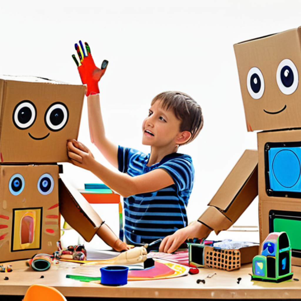 2

**Image Prompt 2:**
A vibrant and imaginative scene of children (ages 6-10) engaged in creative and explorative play in a spacious, light-filled creative space. One child proudly displays a unique 'robot' fashioned from recycled household items, embodying hands-on innovation. Nearby, a group collaboratively transforms large cardboard boxes into a fantastical, imaginary spaceship, showcasing imaginative storytelling and teamwork. Another child expresses creativity through painting or sculpting with various materials, highlighting artistic expression and uninhibited exploration. The overall atmosphere emphasizes nurturing innate creativity and adaptability for unforeseen future roles in an evolving, AI-integrated world. Bright, inspiring colors, dynamic composition, authentic expressions of wonder and self-expression. --ar 16:9 --v