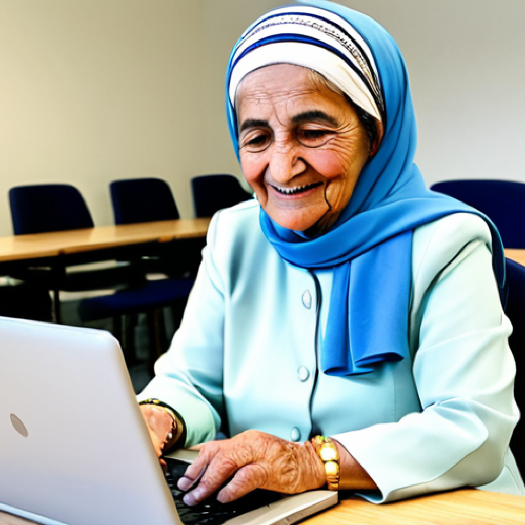 A cheerful elderly Arab woman, approximately 68 years old, fully clothed in modest, elegant professional attire with a traditional headscarf, is intently focused on a laptop screen in a modern, brightly lit community learning center. She has a warm, engaged expression. Her hands are resting naturally on the keyboard, showing proper finger count and well-formed hands. The background features other diverse seniors also engaged in learning activities, with comfortable seating and accessible technology. The atmosphere is positive and encouraging. Professional photography, high quality, perfect anatomy, correct proportions, natural body proportions, natural pose, safe for work, appropriate content, fully clothed, family-friendly.
