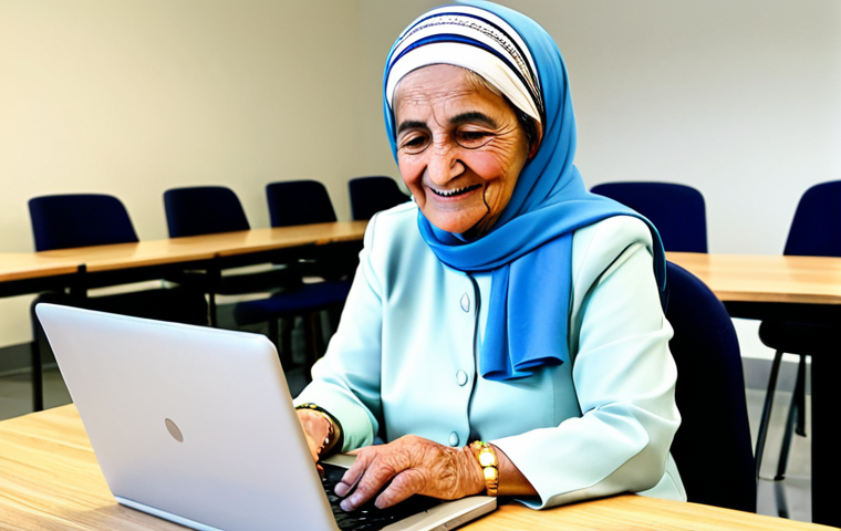 A cheerful elderly Arab woman, approximately 68 years old, fully clothed in modest, elegant professional attire with a traditional headscarf, is intently focused on a laptop screen in a modern, brightly lit community learning center. She has a warm, engaged expression. Her hands are resting naturally on the keyboard, showing proper finger count and well-formed hands. The background features other diverse seniors also engaged in learning activities, with comfortable seating and accessible technology. The atmosphere is positive and encouraging. Professional photography, high quality, perfect anatomy, correct proportions, natural body proportions, natural pose, safe for work, appropriate content, fully clothed, family-friendly.