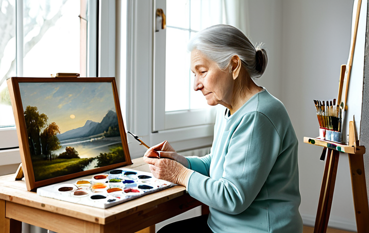 An elderly woman, with a serene expression, meticulously painting on a canvas in a well-lit, peaceful art studio. She wears a modest, comfortable long-sleeved top and trousers, fully clothed, appropriate attire. Her hands, well-formed with proper finger count, carefully hold a paintbrush. Various art supplies like paint tubes, brushes, and a palette are neatly arranged on a wooden table beside her. A half-finished landscape painting is visible on her easel. The background shows soft, blurred natural light filtering through a window. Perfect anatomy, correct proportions, natural pose, professional photography, high quality, safe for work, appropriate content, family-friendly.