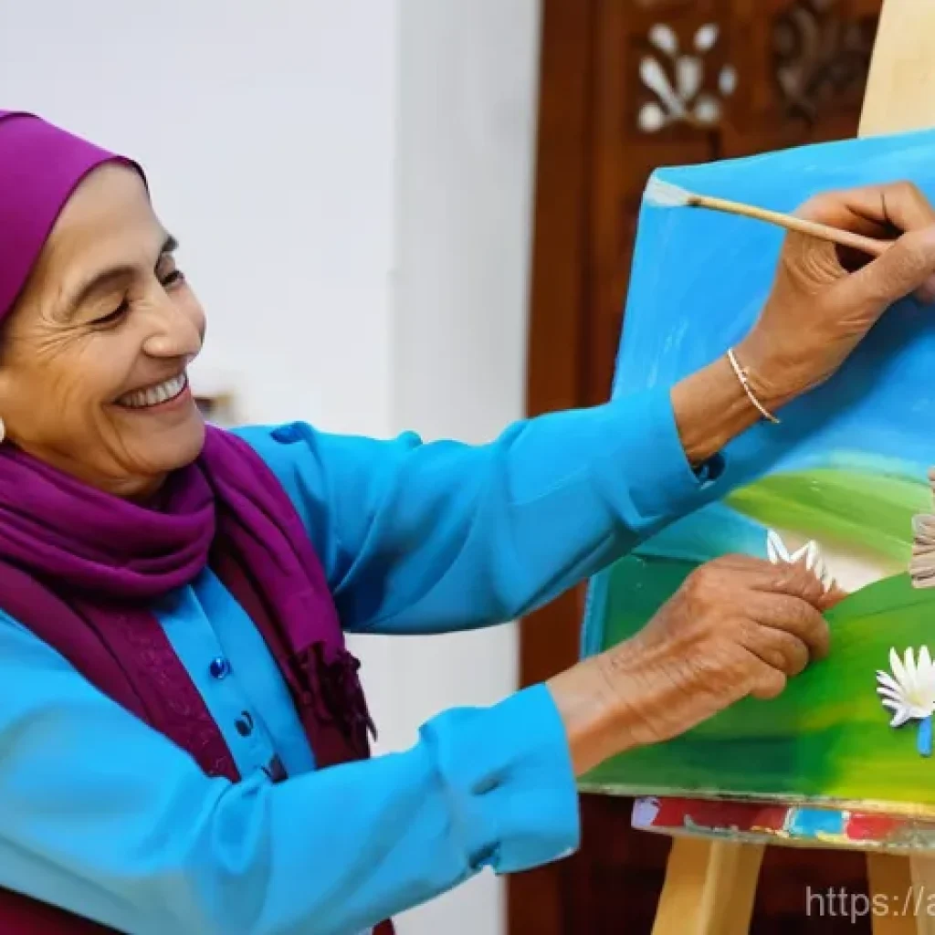 시니어 문화센터 프로그램 - **Prompt:** A vibrant, sunlit art studio within an Arab cultural center for seniors. Diverse elderly...
