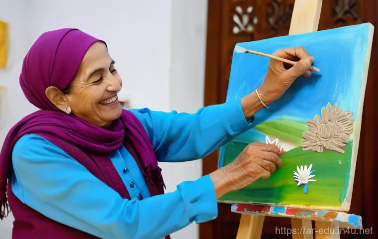 시니어 문화센터 프로그램 - **Prompt:** A vibrant, sunlit art studio within an Arab cultural center for seniors. Diverse elderly...