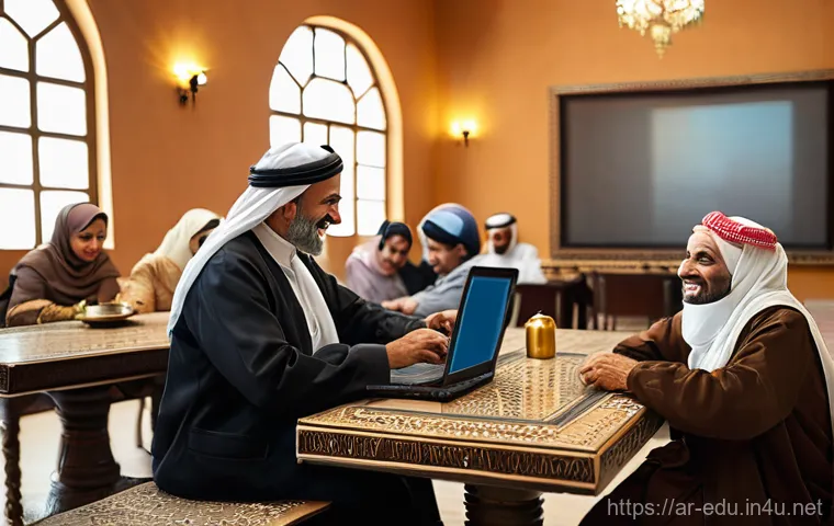 시니어 문화센터 프로그램 - **Prompt:** A vibrant, sunlit art studio within an Arab cultural center for seniors. Diverse elderly...