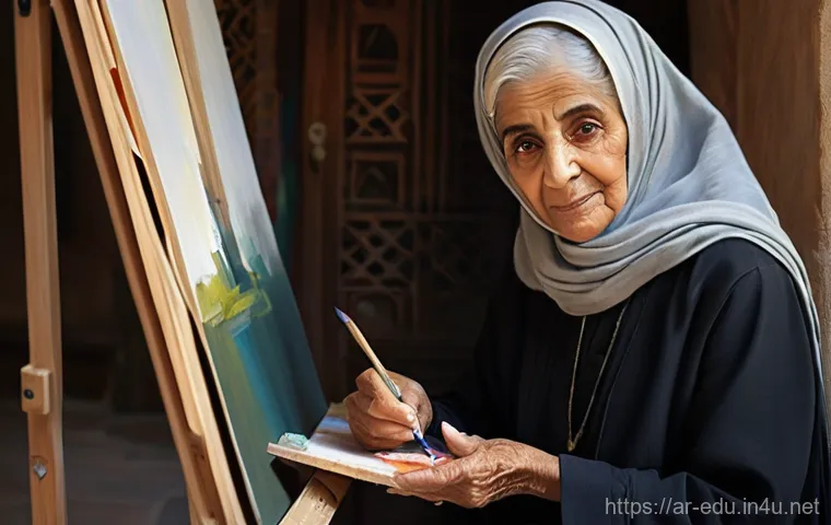 시니어 아트 클래스 - **Prompt:** A vibrant and joyful art class for elderly Arab men and women, dressed in respectful, mo...