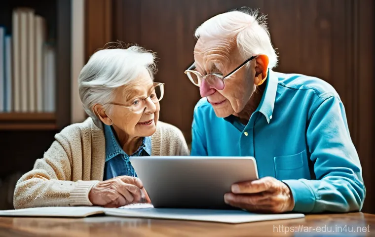 시니어 시청각 교육 - A serene and warmly lit indoor scene featuring an elderly woman in her late 70s, seated comfortably ...