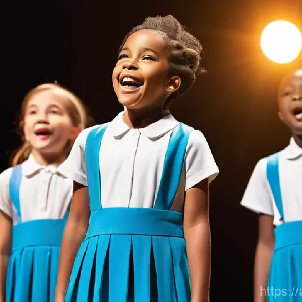 어린이 음악 합창 - **Prompt:** A diverse group of joyful children, aged 7-12, performing together as a vibrant choir on...