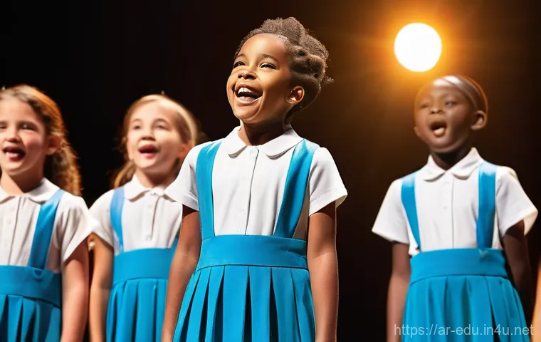 어린이 음악 합창 - **Prompt:** A diverse group of joyful children, aged 7-12, performing together as a vibrant choir on...