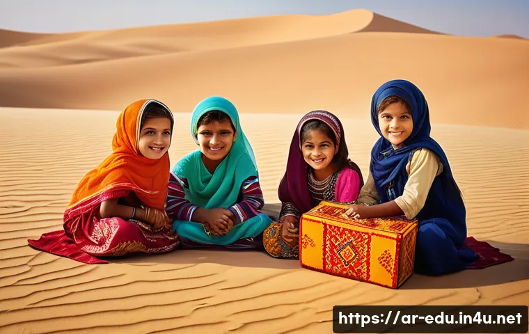 시니어 이야기 만들기 - **Prompt:** A group of Emirati children, aged 4-6, are playing in a vibrant, sunlit desert oasis. Th...
