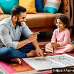 아이와 함께하는 그림 그리기 - A warm and inviting family art session set in a cozy living room with Arabic-style decor, featuring ...