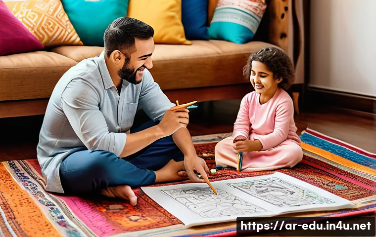 아이와 함께하는 그림 그리기 - A warm and inviting family art session set in a cozy living room with Arabic-style decor, featuring ...