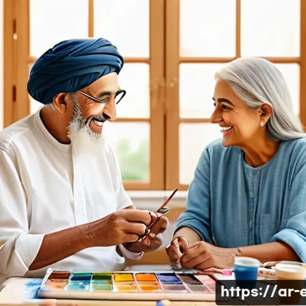 시니어 그림 수업 - An elderly Arab man and woman sitting together in a bright, airy art studio, wearing modest, comfort...