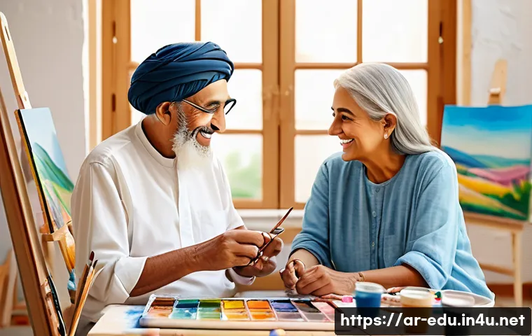 시니어 그림 수업 - An elderly Arab man and woman sitting together in a bright, airy art studio, wearing modest, comfort...
