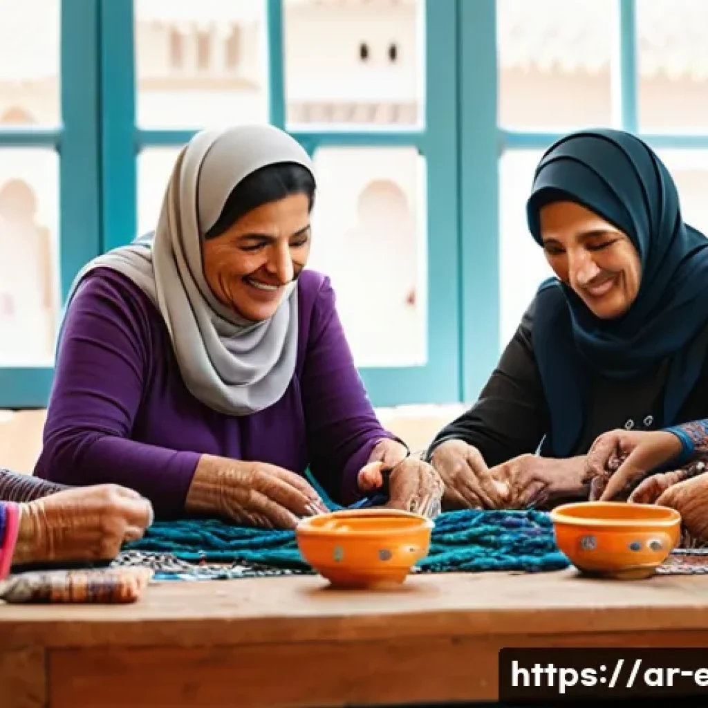 시니어 공예 수업 - A warm, inviting workshop scene featuring elderly Arab women and men seated around a large wooden ta...