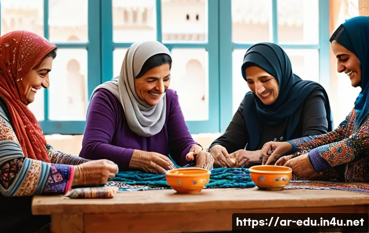 시니어 공예 수업 - A warm, inviting workshop scene featuring elderly Arab women and men seated around a large wooden ta...