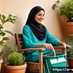 시니어 텃밭 가꾸기 - A serene home garden scene designed for elderly Arab gardeners, featuring medium-sized pots and mult...