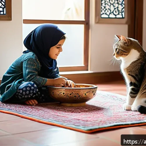 어린이 반려동물 교육 - A warm, culturally rich scene inside a traditional Arabic family home where a young Arab boy and gir...