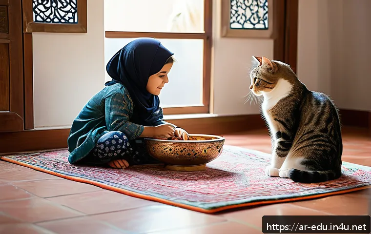 어린이 반려동물 교육 - A warm, culturally rich scene inside a traditional Arabic family home where a young Arab boy and gir...