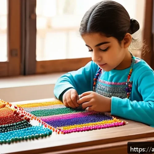 아이 공예 교육 - A warm, inviting home craft corner designed for Arab children, featuring a small table with natural ...