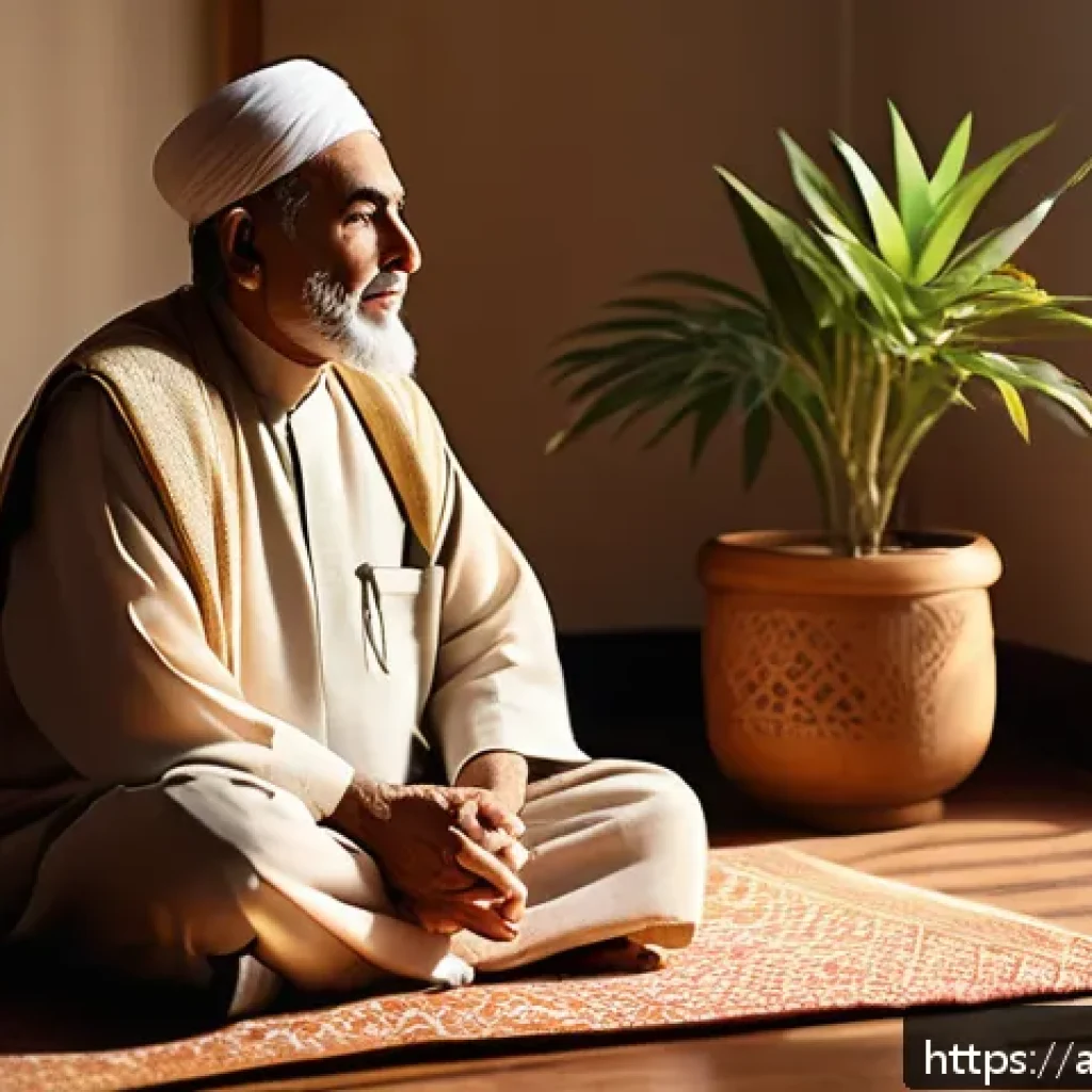 시니어 힐링 프로그램 - A serene scene of an elderly Arab man practicing deep breathing exercises in a sunlit, cozy living r...