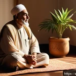 시니어 힐링 프로그램 - A serene scene of an elderly Arab man practicing deep breathing exercises in a sunlit, cozy living r...