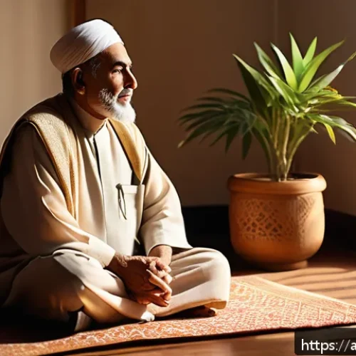 시니어 힐링 프로그램 - A serene scene of an elderly Arab man practicing deep breathing exercises in a sunlit, cozy living r...