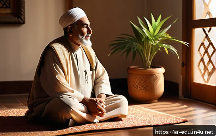 시니어 힐링 프로그램 - A serene scene of an elderly Arab man practicing deep breathing exercises in a sunlit, cozy living r...