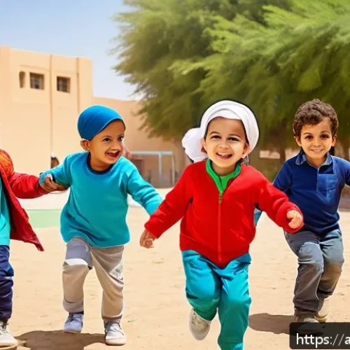 유아 체육 프로그램 - A lively outdoor scene at a sunny Middle Eastern preschool playground where a diverse group of young...