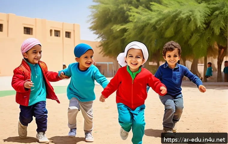 유아 체육 프로그램 - A lively outdoor scene at a sunny Middle Eastern preschool playground where a diverse group of young...