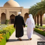 시니어 웰빙 활동 - An elderly Arab man and woman enjoying a sunny morning walk in a peaceful garden with traditional Mi...