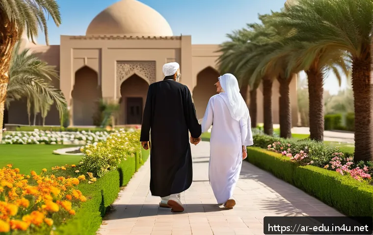 시니어 웰빙 활동 - An elderly Arab man and woman enjoying a sunny morning walk in a peaceful garden with traditional Mi...