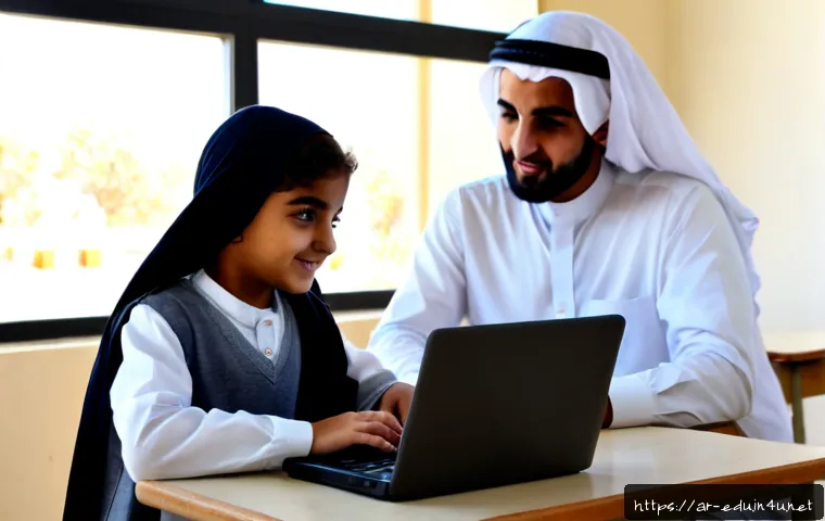 아동 컴퓨터 교육 - Photorealistic Arab elementary school child wearing modest casual clothing, learning basic computer ...