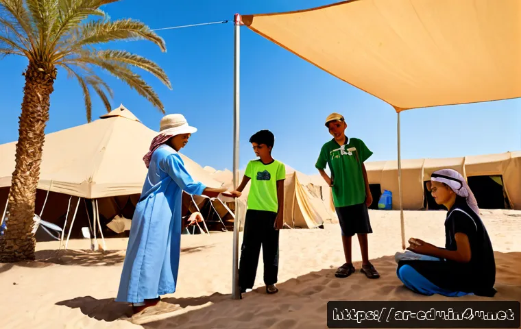 아동 여름 캠프 - Photorealistic summer camp morning in a shaded desert oasis, joyful Arab children ages 8–12 wearing ...